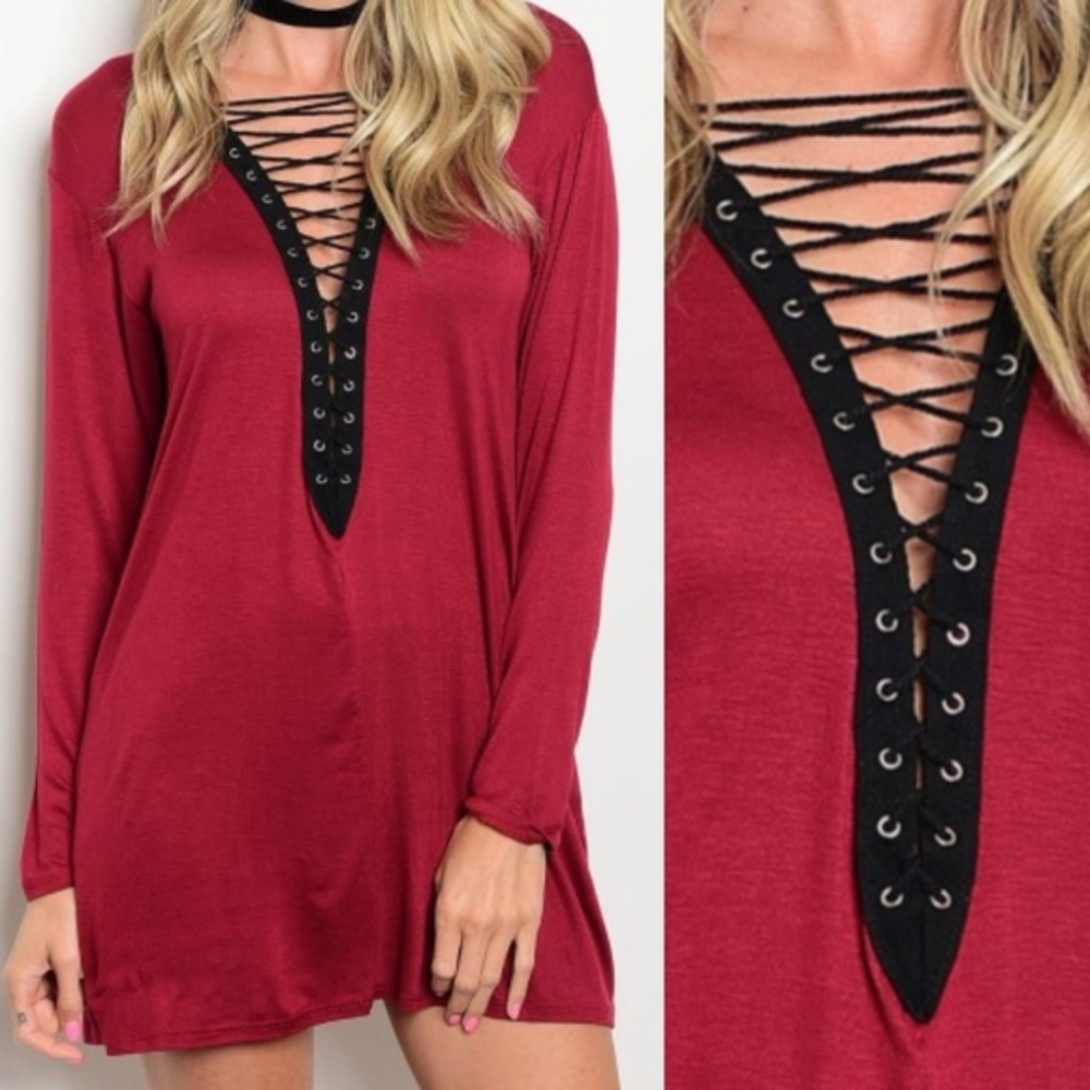Red long sleeve lace up Tunic/Dress - Picture 1 of 3